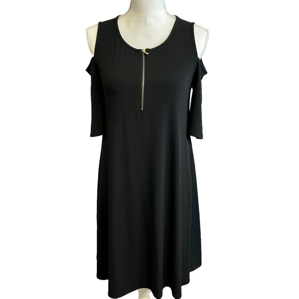 Carmen Marc Valvo Black Swing Dress Gold Zip Front Cold Shoulder Midi A Line. Sm